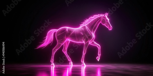 Neon pink hologram horse on dark background, neon, pink, hologram, horse, dark background, vibrant, colorful, glowing