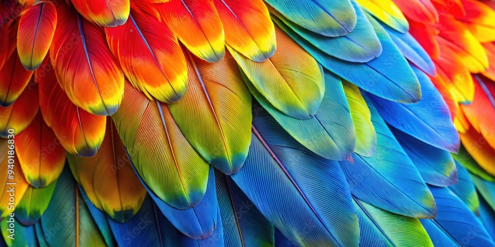 Obraz premium Closeup of vibrant and exotic parrot feathers, parrot, colorful, feathers, tropical, bird, closeup, texture, exotic, bright