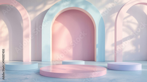 A minimal abstract backdrop for product presentation features pastel colors, a podium with geometric shapes, round and arched forms, and soft light.