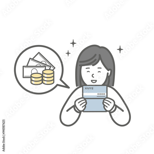 通帳を見て喜ぶ女性