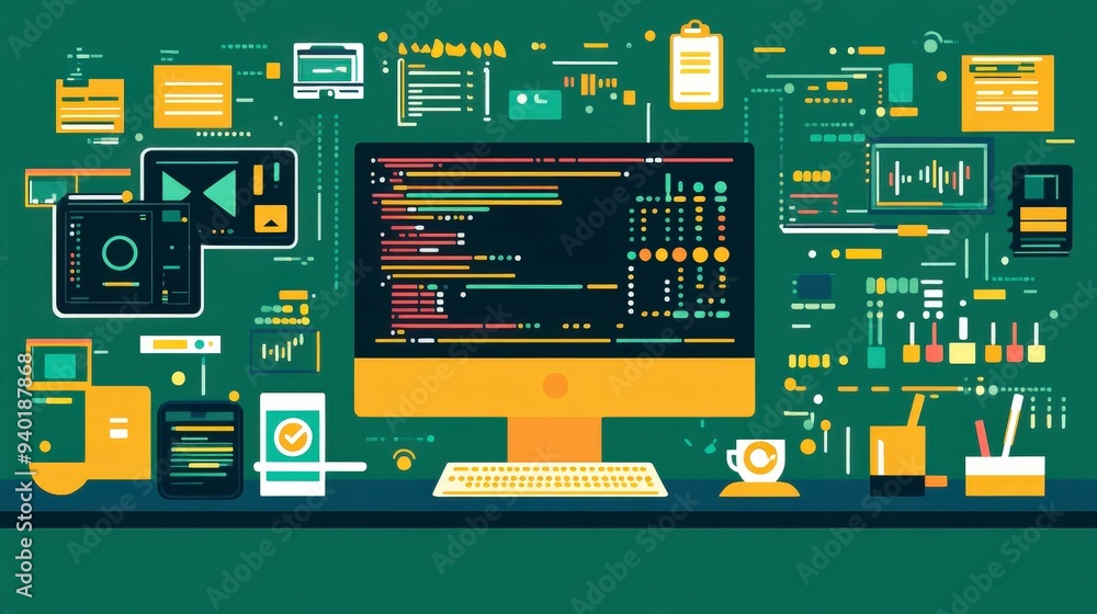 Modern Flat Design Illustration of Python, JavaScript, and C++ Coding Languages with Programming Symbols and Screens for Coding Skills Concept Modern Flat Design Illustration of Python, JavaScript, and C++ Coding Languages with Programming Symbols and Screens for Coding Skills Concept