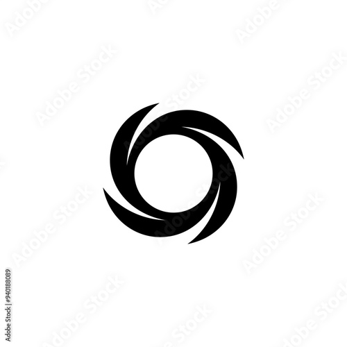 Swirling circle logo, dynamic motion energy symbol, black vortex