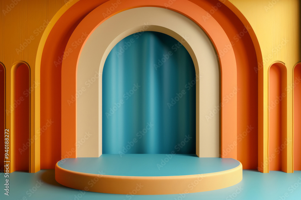 A minimal abstract backdrop for product presentation features a round podium with arched shapes on the sides. A minimal abstract backdrop for product presentation features a round podium with arched shapes on the sides.