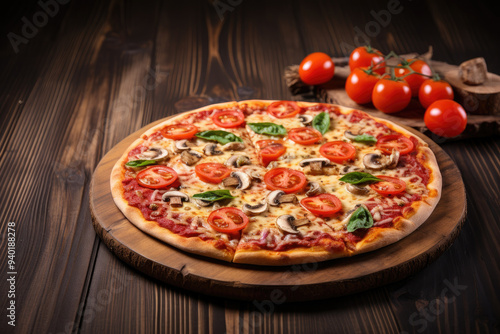 A mouthwatering California-style pizza topped with pepperoni, cheese, and fresh vegetables on a rustic wooden table.