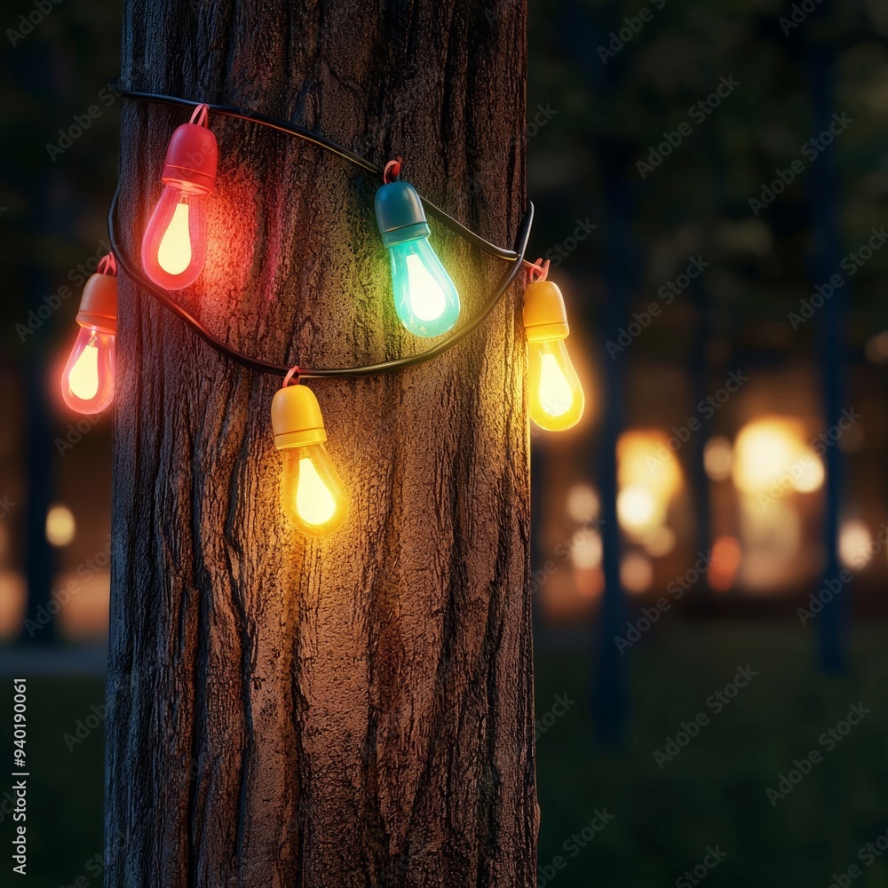 Diwali lights string, wrapped around a tree, night scene, 3D illustration Diwali lights string, wrapped around a tree, night scene, 3D illustration