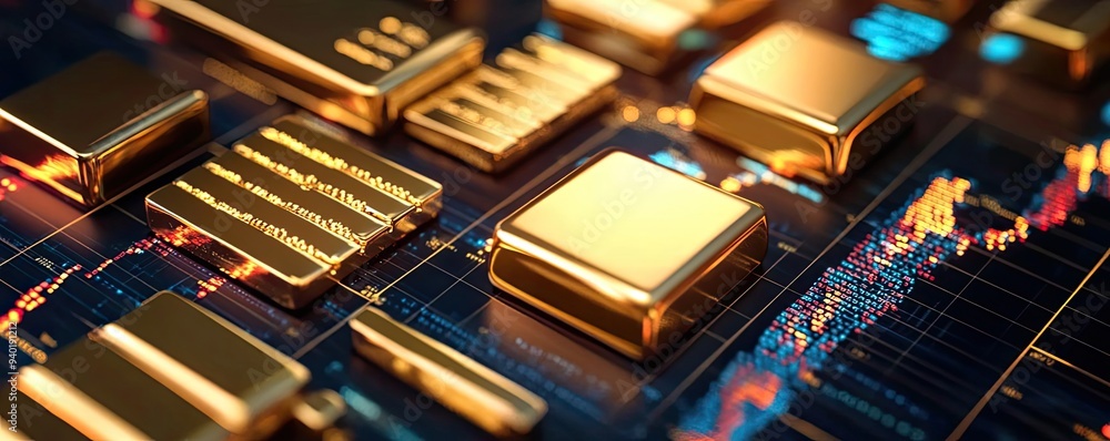 Close-up of a circuit board featuring sleek golden components and vibrant data graphs, symbolizing advanced technology and finance. Close-up of a circuit board featuring sleek golden components and vibrant data graphs, symbolizing advanced technology and finance.