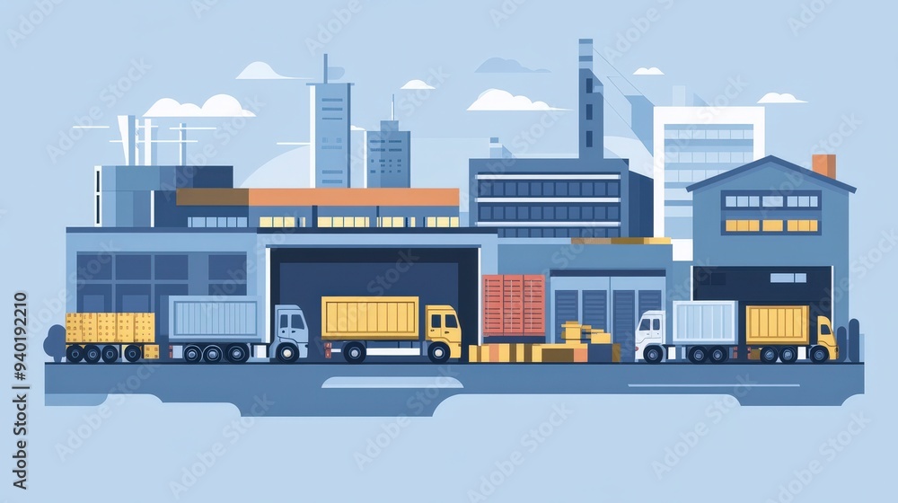 Global Logistics Supply Chain Concept with Trucks and Warehouses in Flat Design Illustration Global Logistics Supply Chain Concept with Trucks and Warehouses in Flat Design Illustration