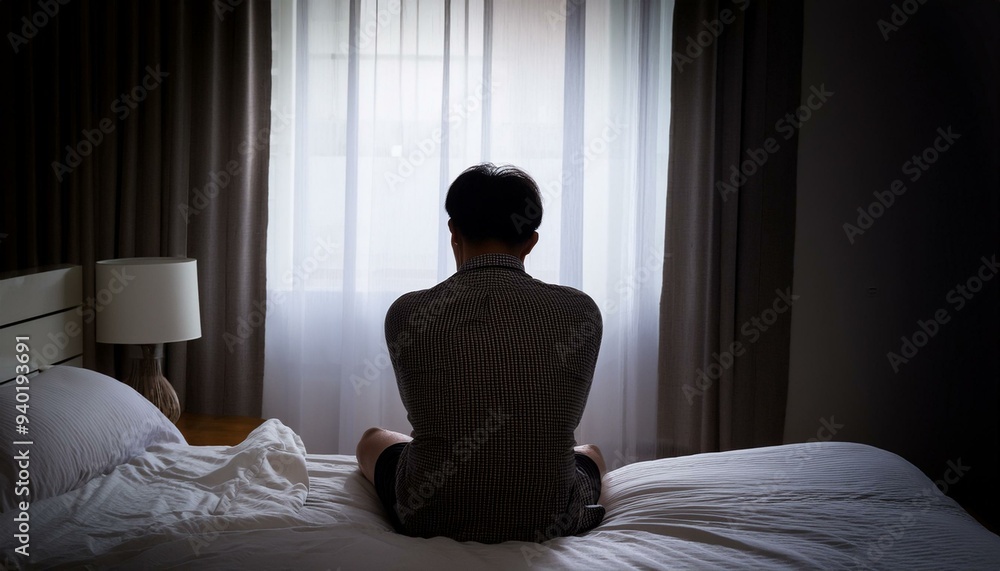 침대에 앉아 슬픔에 잠긴 사람의 뒷모습 침대에 앉아 슬픔에 잠긴 사람의 뒷모습