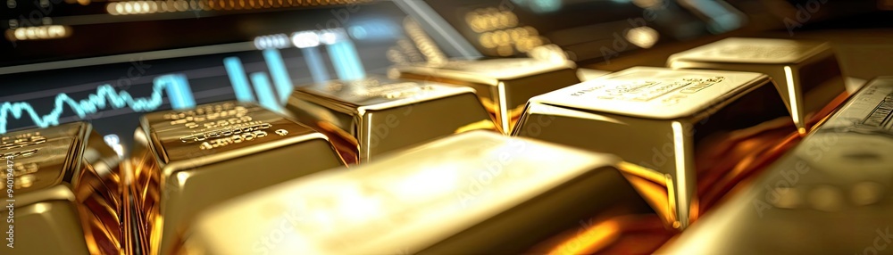 Close-up of golden bars and financial data, representing wealth, investment, and the allure of precious metals. Close-up of golden bars and financial data, representing wealth, investment, and the allure of precious metals.
