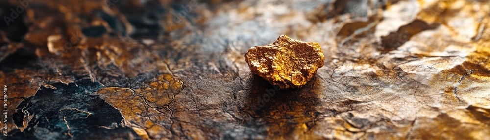 Close-up of a glittering golden nugget on textured metallic surface, showcasing the beauty of natural minerals and luxury. Close-up of a glittering golden nugget on textured metallic surface, showcasing the beauty of natural minerals and luxury.