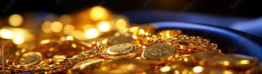 Close-up of shiny gold coins and jewelry, showcasing their intricate patterns and luxurious appeal on a dark, elegant background. Close-up of shiny gold coins and jewelry, showcasing their intricate patterns and luxurious appeal on a dark, elegant background.