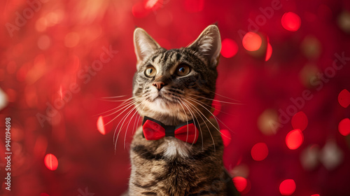 Tabby Cat Wearing Red Bow Tie with Festive Red Background