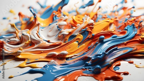  A close-up of vibrant paint splashes in complementary colors, captured in high detail as they mix and swirl together on a smooth white background. photo