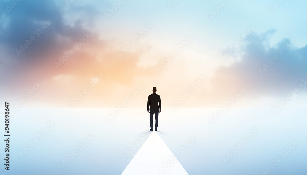 A solitary figure stands on a path, contemplating the future against a backdrop of serene skies and soft clouds. A solitary figure stands on a path, contemplating the future against a backdrop of serene skies and soft clouds.