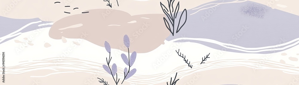 Abstract seamless pattern with pastel purple and beige floral motifs on a white background. Abstract seamless pattern with pastel purple and beige floral motifs on a white background.