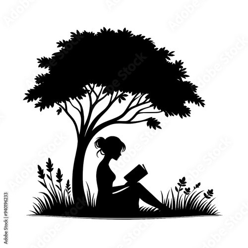 Vector silhouette illustration of a girl reading a book while sitting on the grass under a tree - Concept of relaxation and nature