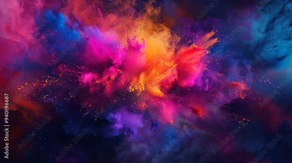 Obraz premium Colorful explosion of smoke and liquid paint on dark background