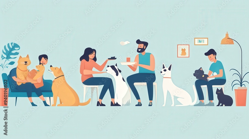Fototapeta premium Modern Flat Design Illustration of Pet Care - People Interacting with Pets in Heartwarming Scenes of Grooming, Feeding, and Playing with Affection