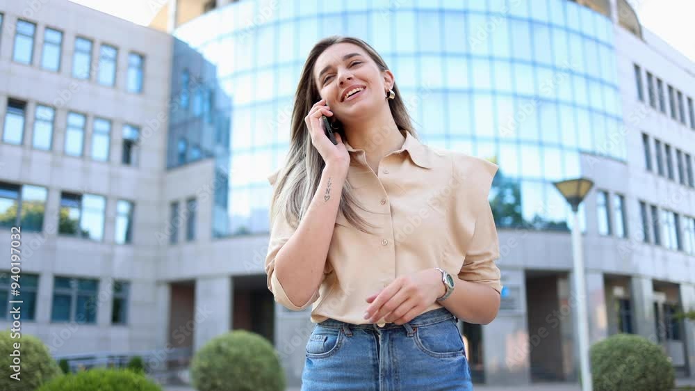 Beautiful, young businesswoman walking down the street and talking on mobile phone Beautiful, young businesswoman walking down the street and talking on mobile phone