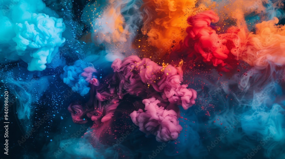 Colorful explosion of smoke and liquid paint on dark background Colorful explosion of smoke and liquid paint on dark background