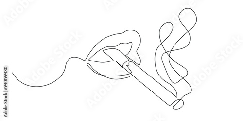 continuous line of lips smoking a cigarette.one line drawing of lips biting a cigarette.single line vector illustration.editable strokes.isolated white background