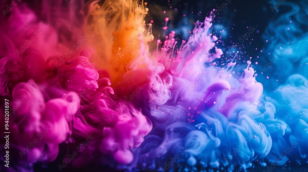 Colorful explosion of smoke and liquid paint on dark background Colorful explosion of smoke and liquid paint on dark background