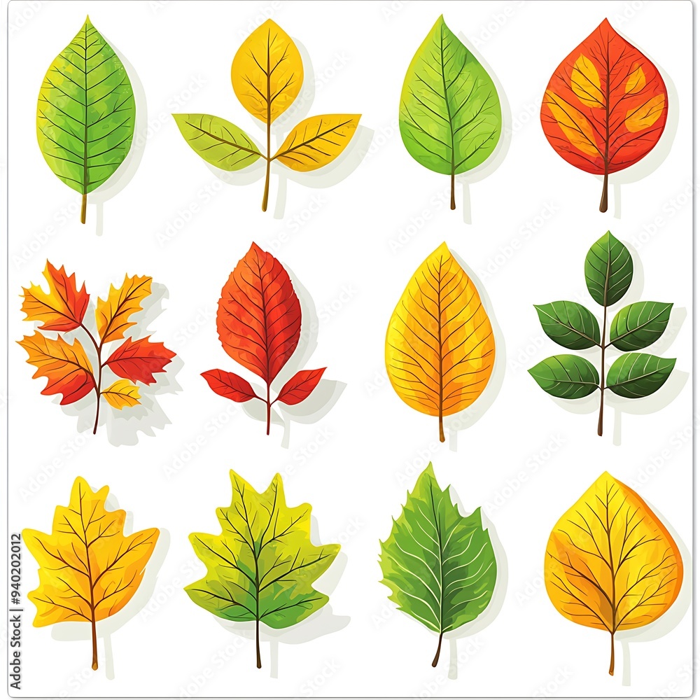 Colorful Autumn Leaves Set in Green, Yellow, Red, and Orange, Illustrated to Reflect Fall Foliage and Nature�s Beauty Colorful Autumn Leaves Set in Green, Yellow, Red, and Orange, Illustrated to Reflect Fall Foliage and Nature�s Beauty