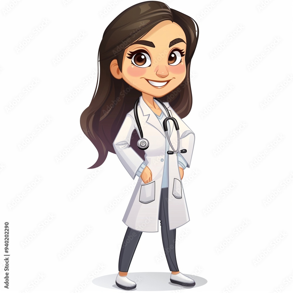 Cartoon of Cute Female Doctor in White Lab Coat with Stethoscope, Smiling Confidently on White Background, Bright Facial Features, Expressive Eyes, Cartoonish Proportions, Soft Shading Cartoon of Cute Female Doctor in White Lab Coat with Stethoscope, Smiling Confidently on White Background, Bright Facial Features, Expressive Eyes, Cartoonish Proportions, Soft Shading