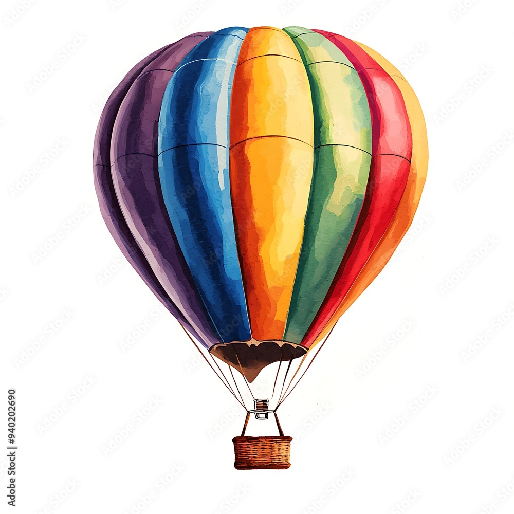 Obraz premium Watercolor Illustration of a Colorful Hot Air Balloon with Basket, Offering a Whimsical and Artistic Depiction