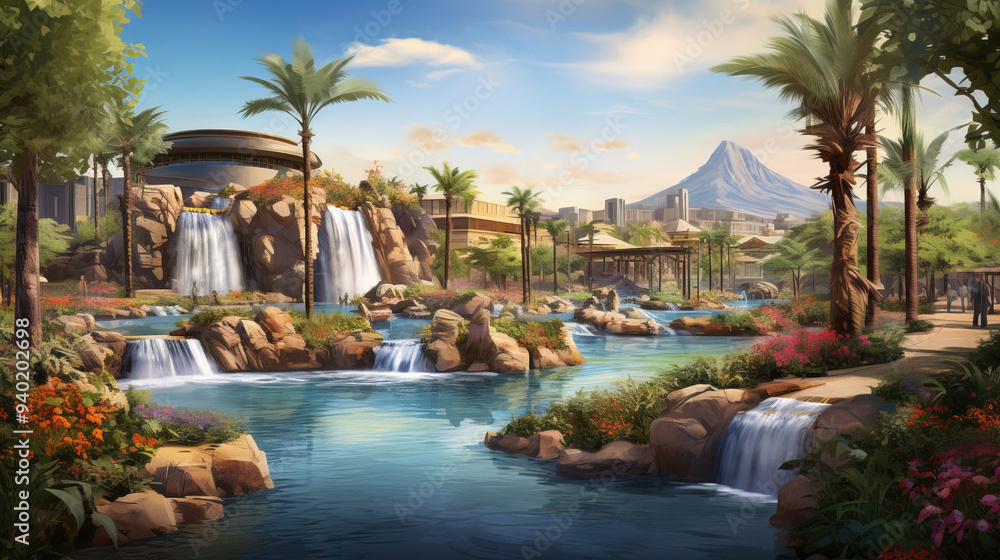Fototapeta premium Tropical Paradise: Lush Landscape with Waterfalls and Palm Trees