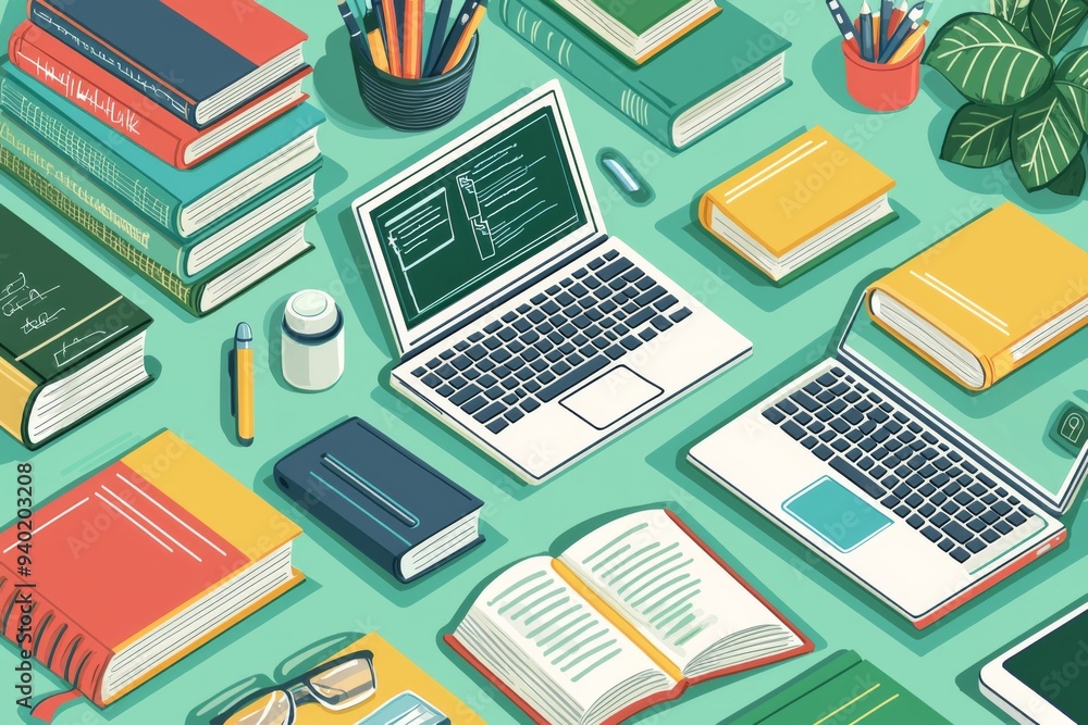Illustration of educational learning tools set on table created with Generative AI Illustration of educational learning tools set on table created with Generative AI