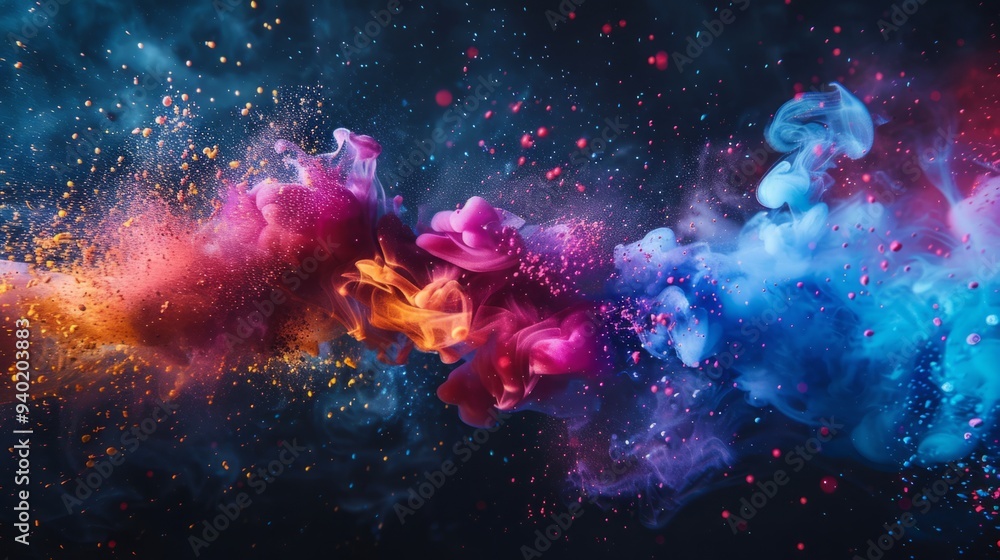 Colorful explosion of smoke and liquid paint on dark background Colorful explosion of smoke and liquid paint on dark background