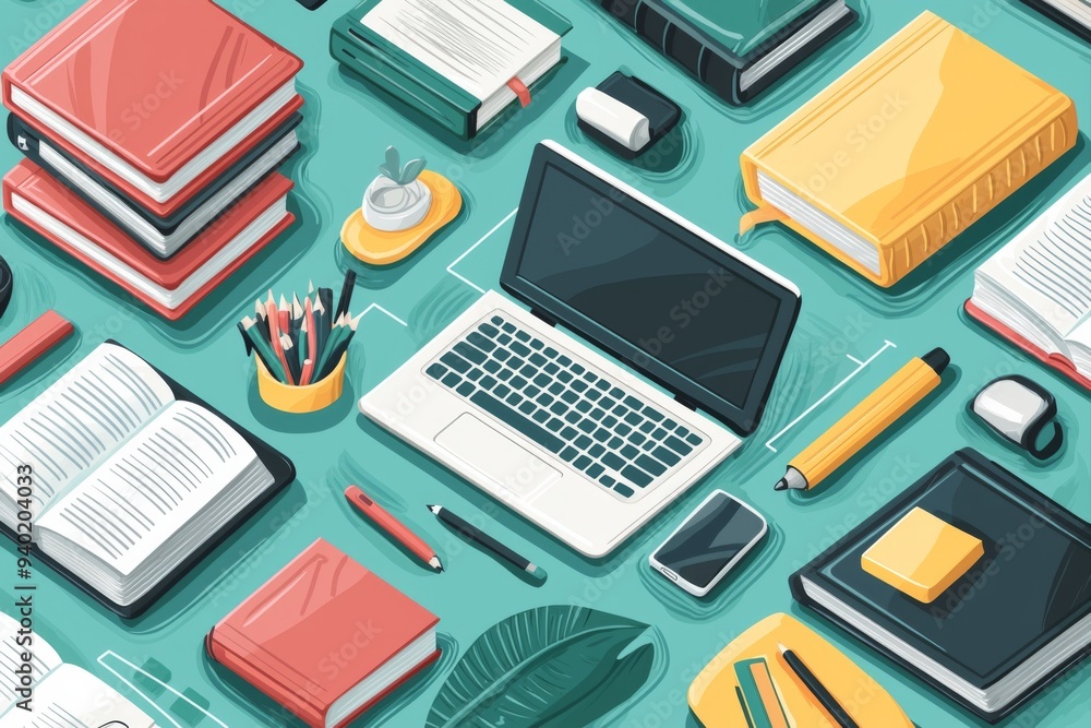 Illustration of educational learning tools set on table created with Generative AI Illustration of educational learning tools set on table created with Generative AI