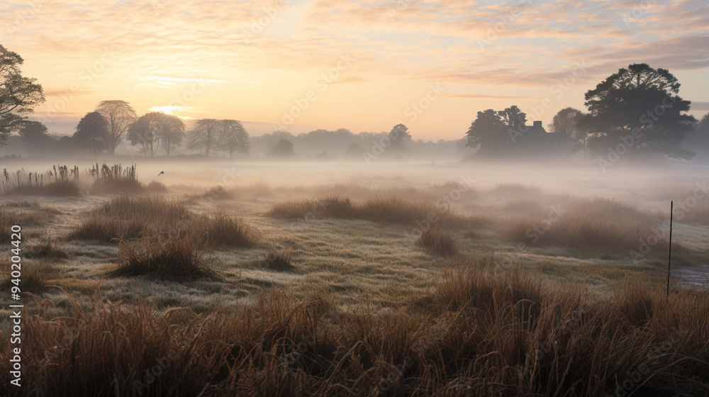 Obraz premium Misty Sunrise Over a Rural Field