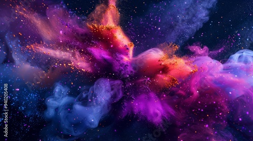 Colorful explosion of smoke and liquid paint on dark background