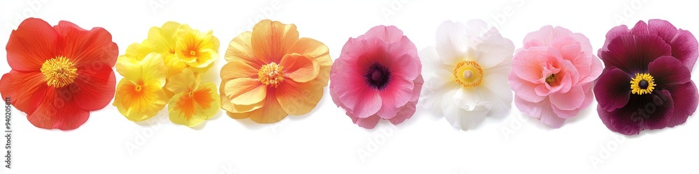 Fototapeta premium Seven colorful flowers in a row, from red to purple, isolated on a white background.