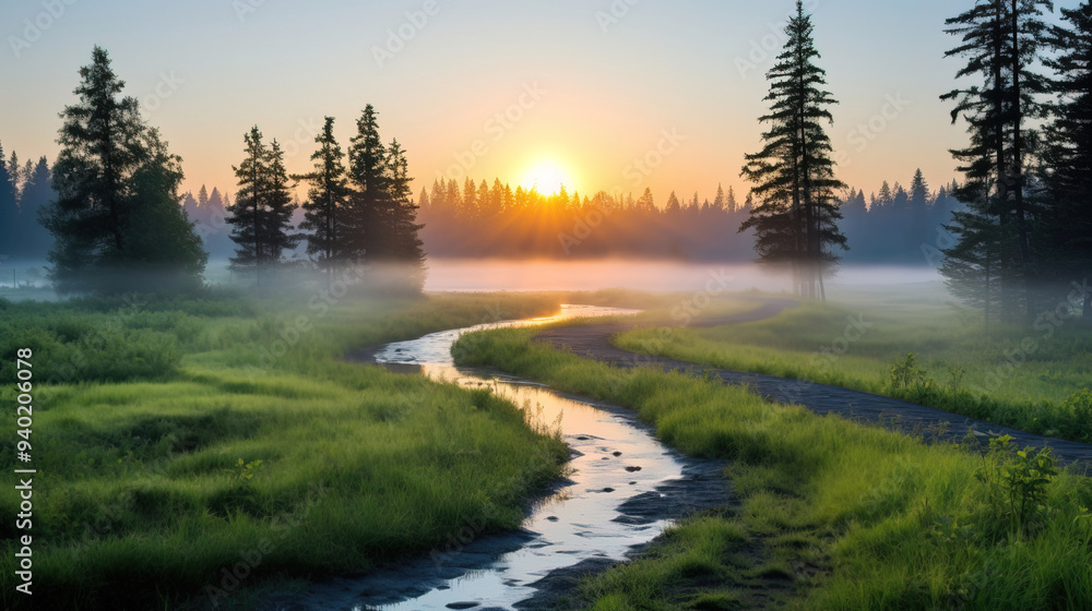 Serene Sunrise Landscape with Foggy Stream Serene Sunrise Landscape with Foggy Stream