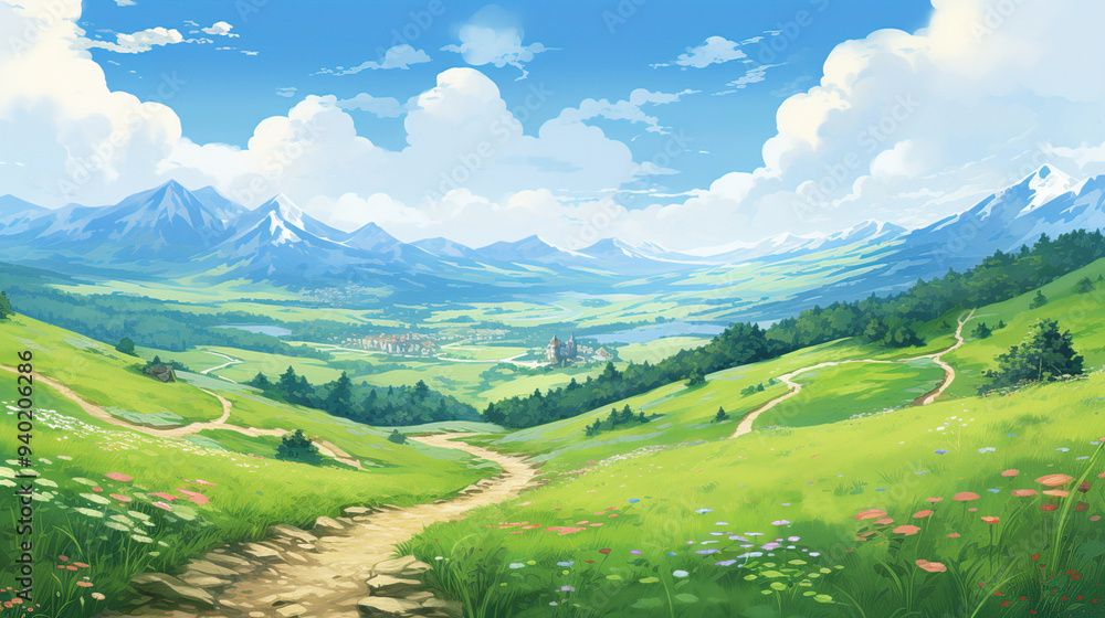 Serene Mountain Landscape with Winding Path and Distant Village Serene Mountain Landscape with Winding Path and Distant Village