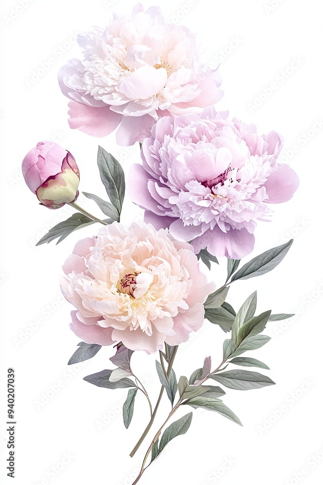 A delicate bouquet of pink and white peonies with green leaves. A delicate bouquet of pink and white peonies with green leaves.