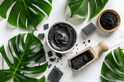 Charcoal mask and scrub decorate with green leaf in white background photo