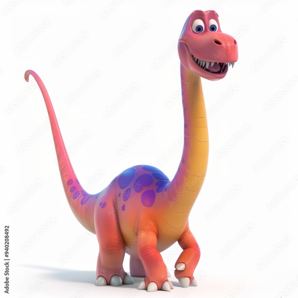 A happy Plateosaurus character rendered in 8k resolution with cel shading and a white background, showcasing its long neck and tail in a joyful, vibrant manner