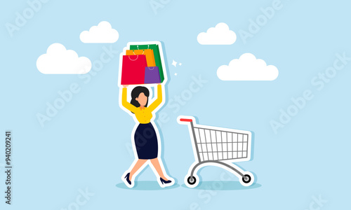 Shopping for personal needs, purchasing company supplies, buying a large quantity of items concept of A woman or businesswoman carrying many shopping bags to place into a cart