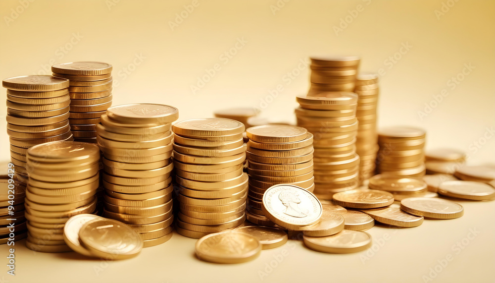Stacks of gold coins on a light background representing wealth savings and financial success 7 Stacks of gold coins on a light background representing wealth savings and financial success 7