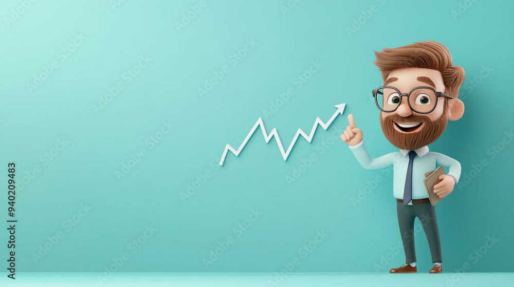 A cheerful businessman in a suit pointing at a rising graph, symbolizing growth and success in a vibrant workspace. A cheerful businessman in a suit pointing at a rising graph, symbolizing growth and success in a vibrant workspace.