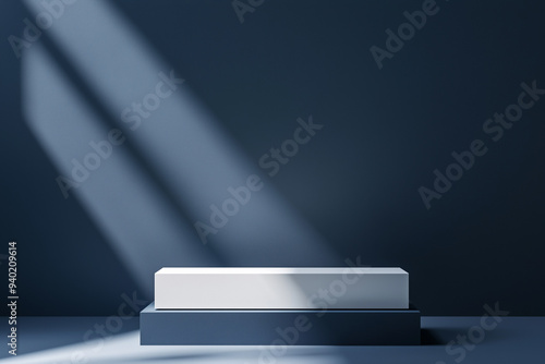 Elegant Minimalist Product Display with White Podium and Deep Blue Background