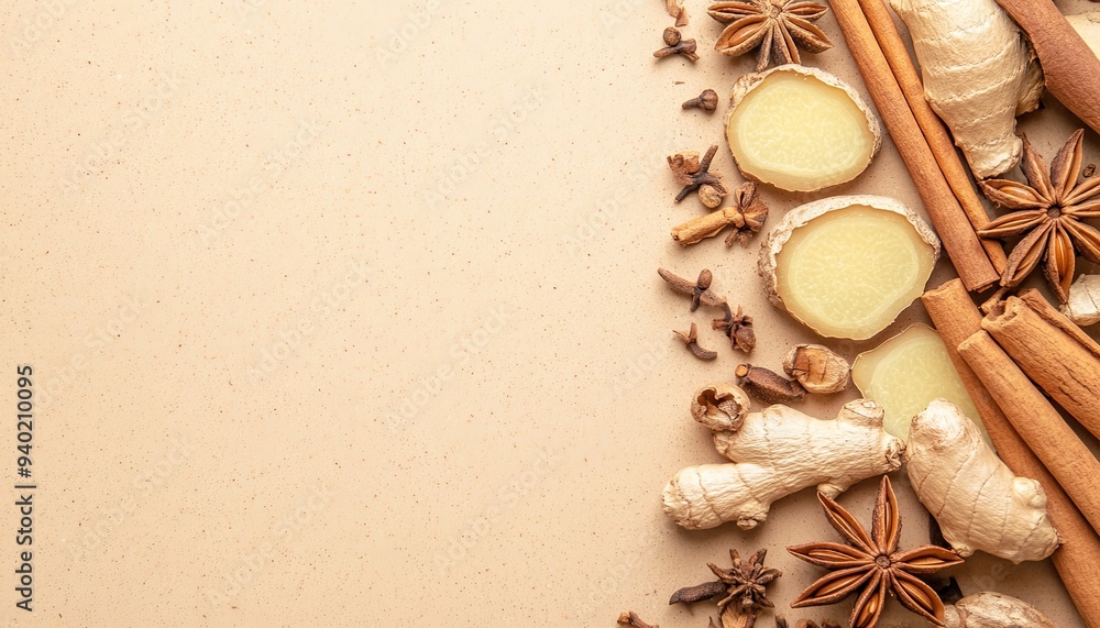 Ginger, cinnamon sticks, star anise, and cloves arranged on a beige background with copy space. Ginger, cinnamon sticks, star anise, and cloves arranged on a beige background with copy space.