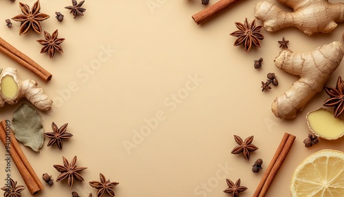 Ginger, cinnamon, star anise, cloves, bay leaves and lemon on a beige background with copy space.