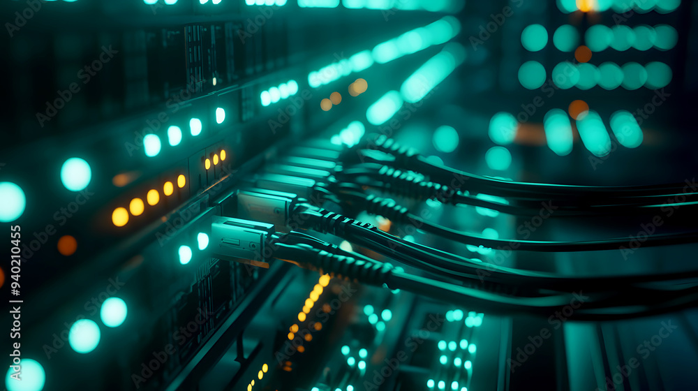 Fiber Optics in a Network Hub A cinematic shot of fiber optic cables connected to a network hub in a dimly lit server room. The glowing cables light up the hub Fiber Optics in a Network Hub A cinematic shot of fiber optic cables connected to a network hub in a dimly lit server room. The glowing cables light up the hub