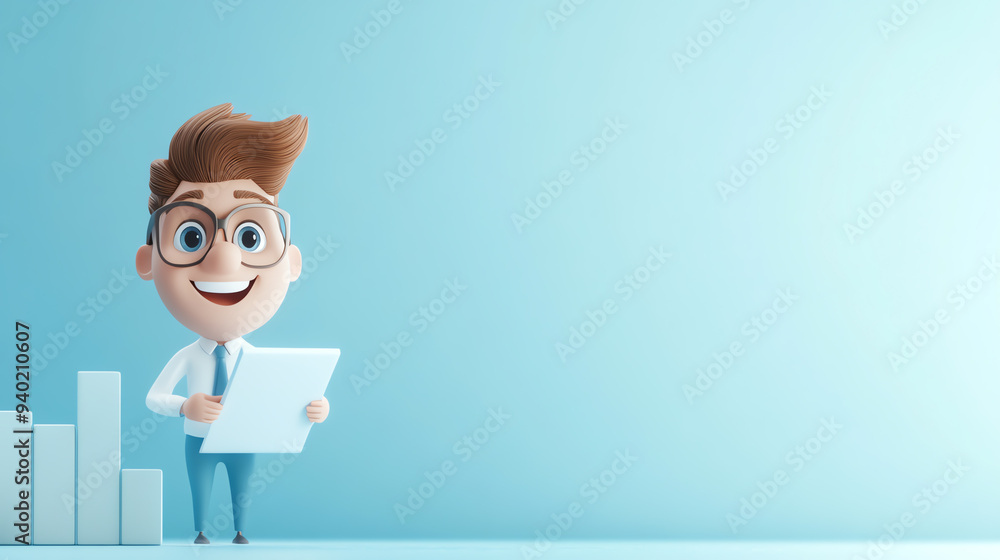 Cheerful cartoon character holds a document, standing next to growth bars, symbolizing success and positivity in business. Cheerful cartoon character holds a document, standing next to growth bars, symbolizing success and positivity in business.