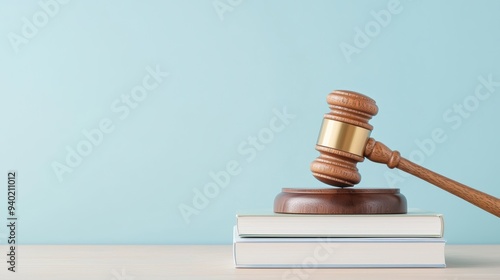 Legal Justice: Judge's Wooden Gavel Resting on Law Books in Courtroom Background